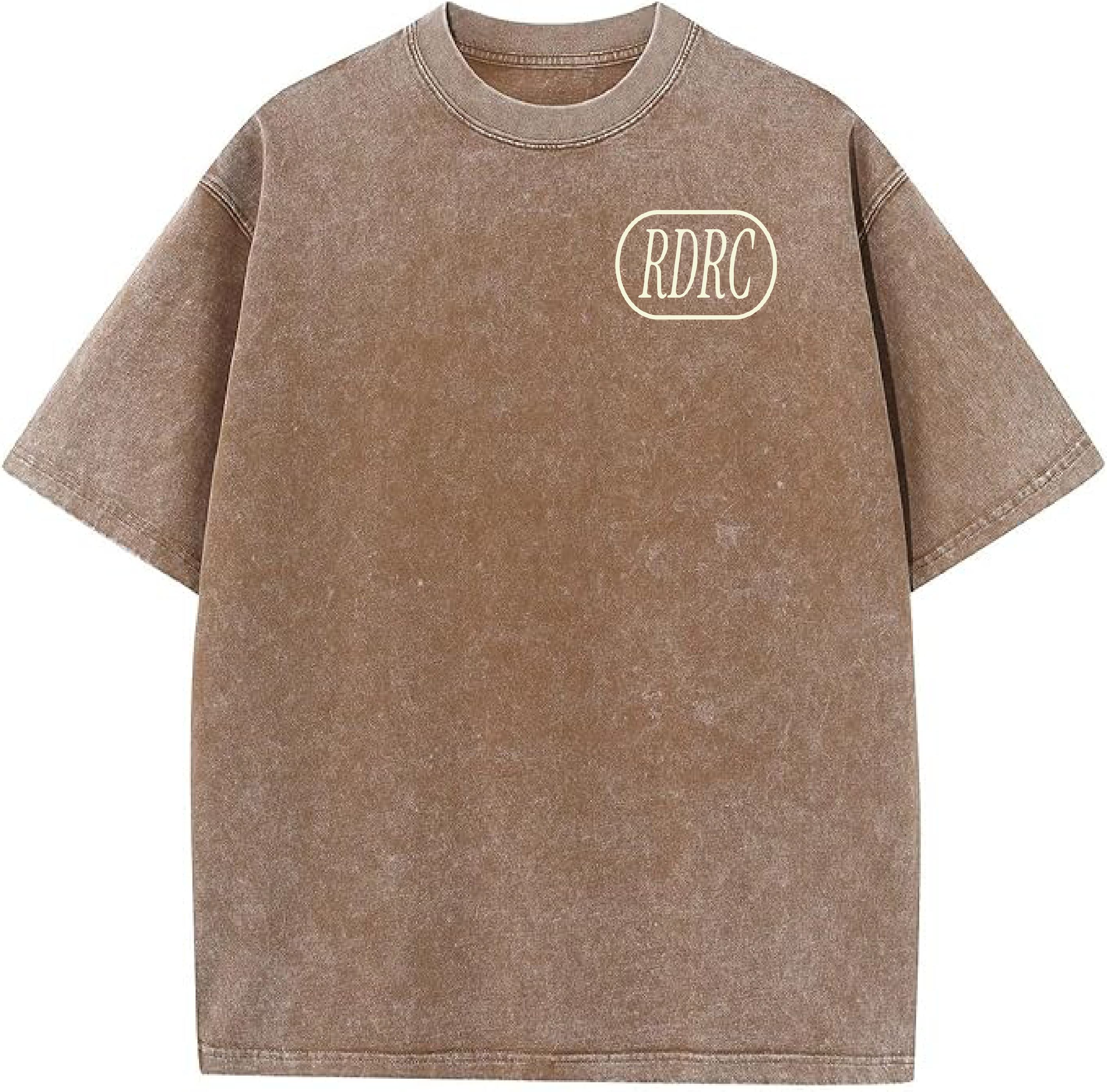 Brown vintage wash t-shirt with 'RDRC' logo on chest, unisex casual apparel